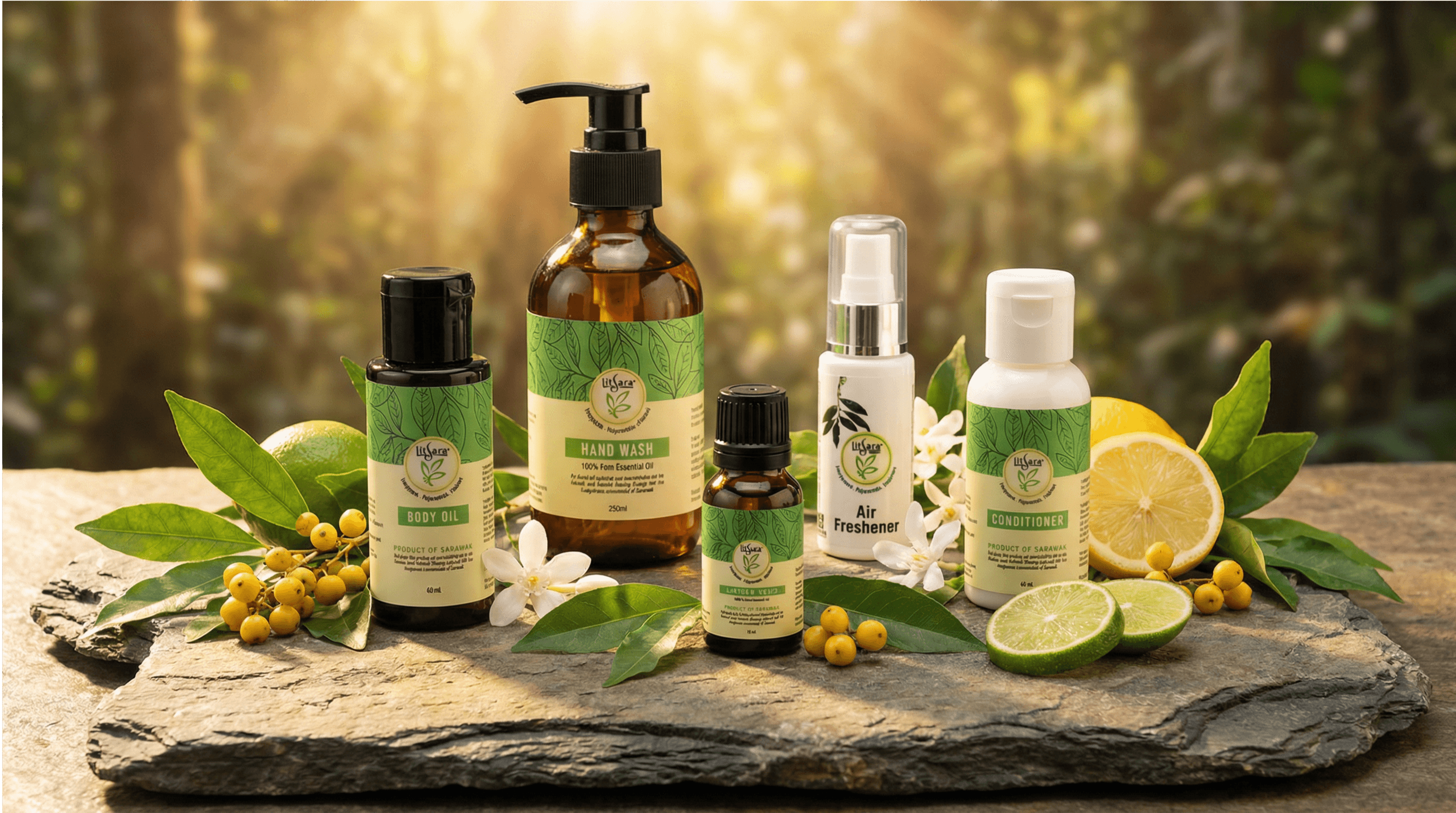 LitSara product collection — body oil, hand wash, essential oil, air freshener, and conditioner
