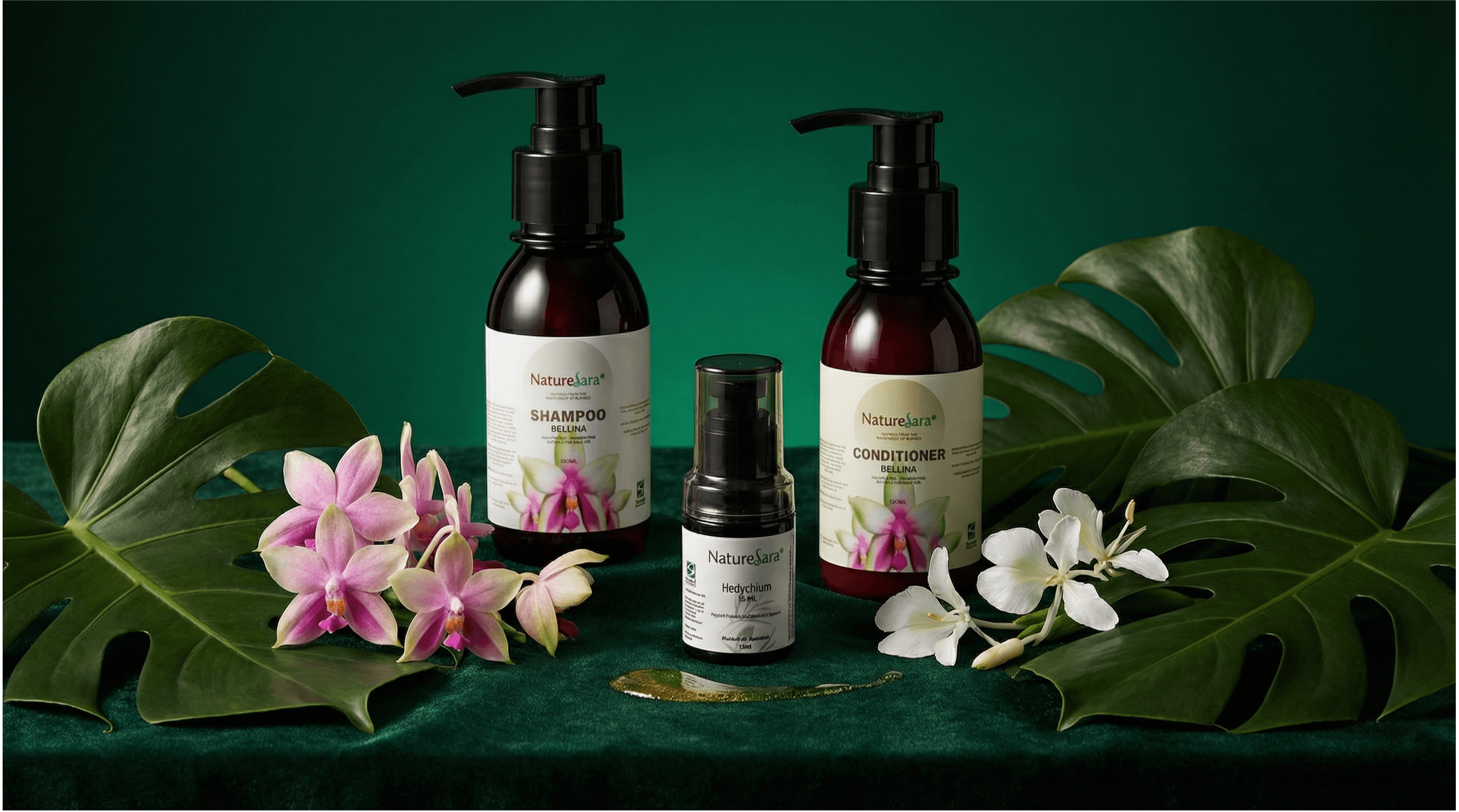NatureSara luxury personal care — shampoo, conditioner, and botanical spray