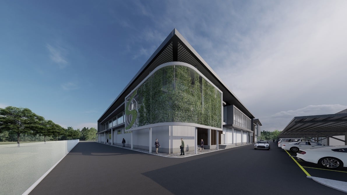 Artist's impression — the park's central hub with a living green facade