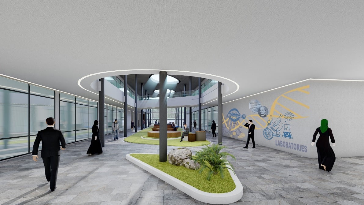 Artist's impression — interior laboratory atrium with science murals and indoor gardens